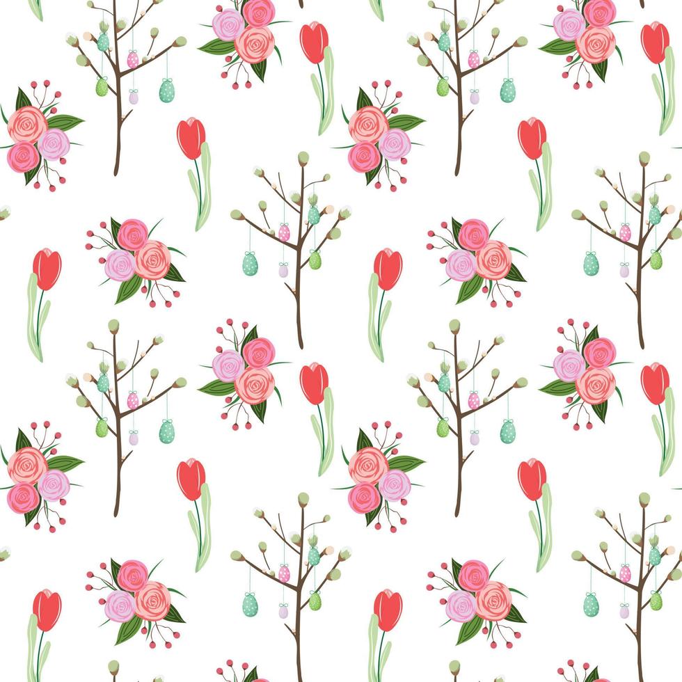 Floral seamless pattern with tulips, willow, eggs and roses. vector