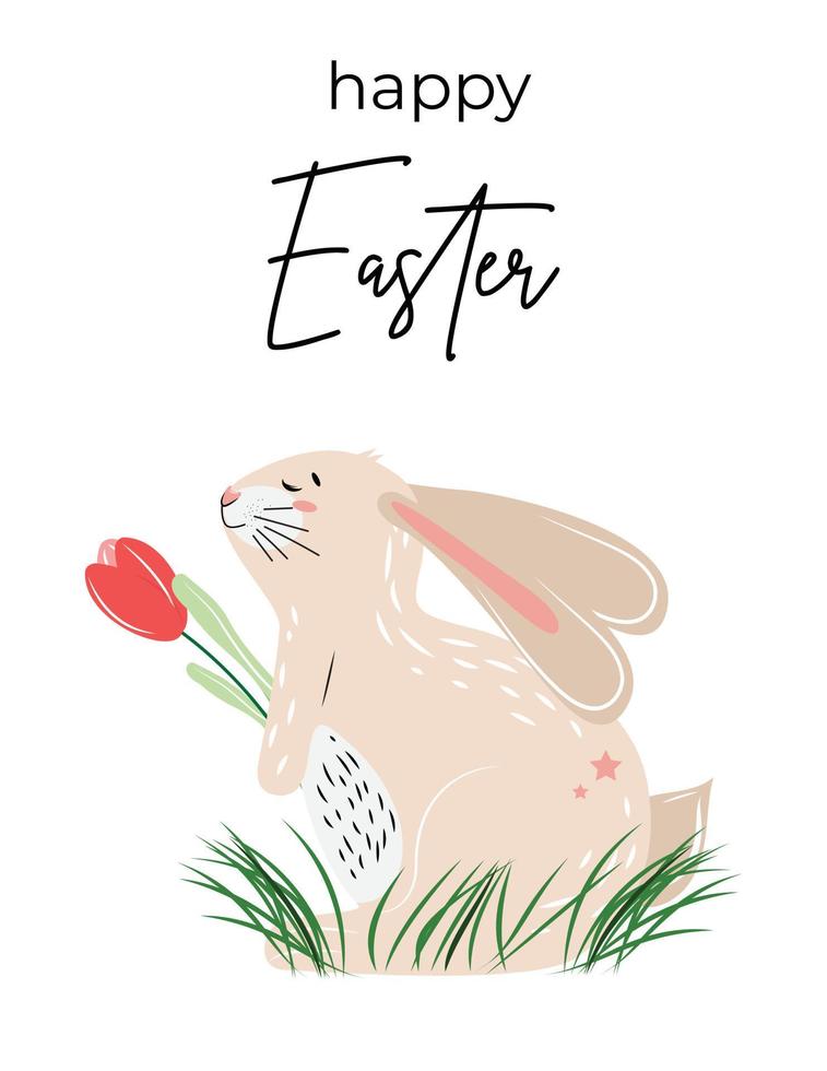Cute bunny with a tulip wishing Happy Easter. Easter illustration. vector