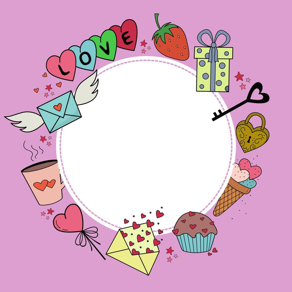 A photo frame with hand-drawn cute elements. Hearts, cupcakes, lollipops, candies, berries, envelope, ice cream. Valentine's Day, birthday. A declaration of love. An illustration for your design. vector