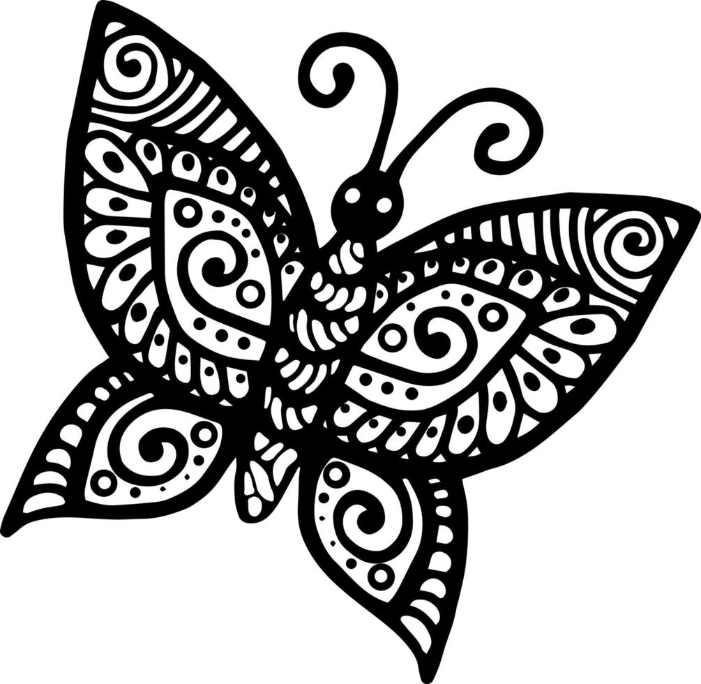 Vector illustration of a stylized decorative black and white butterfly. An idea for a logo, fashion illustrations, magazines, printing on clothes, advertising, tattoo sketch or mehendi.