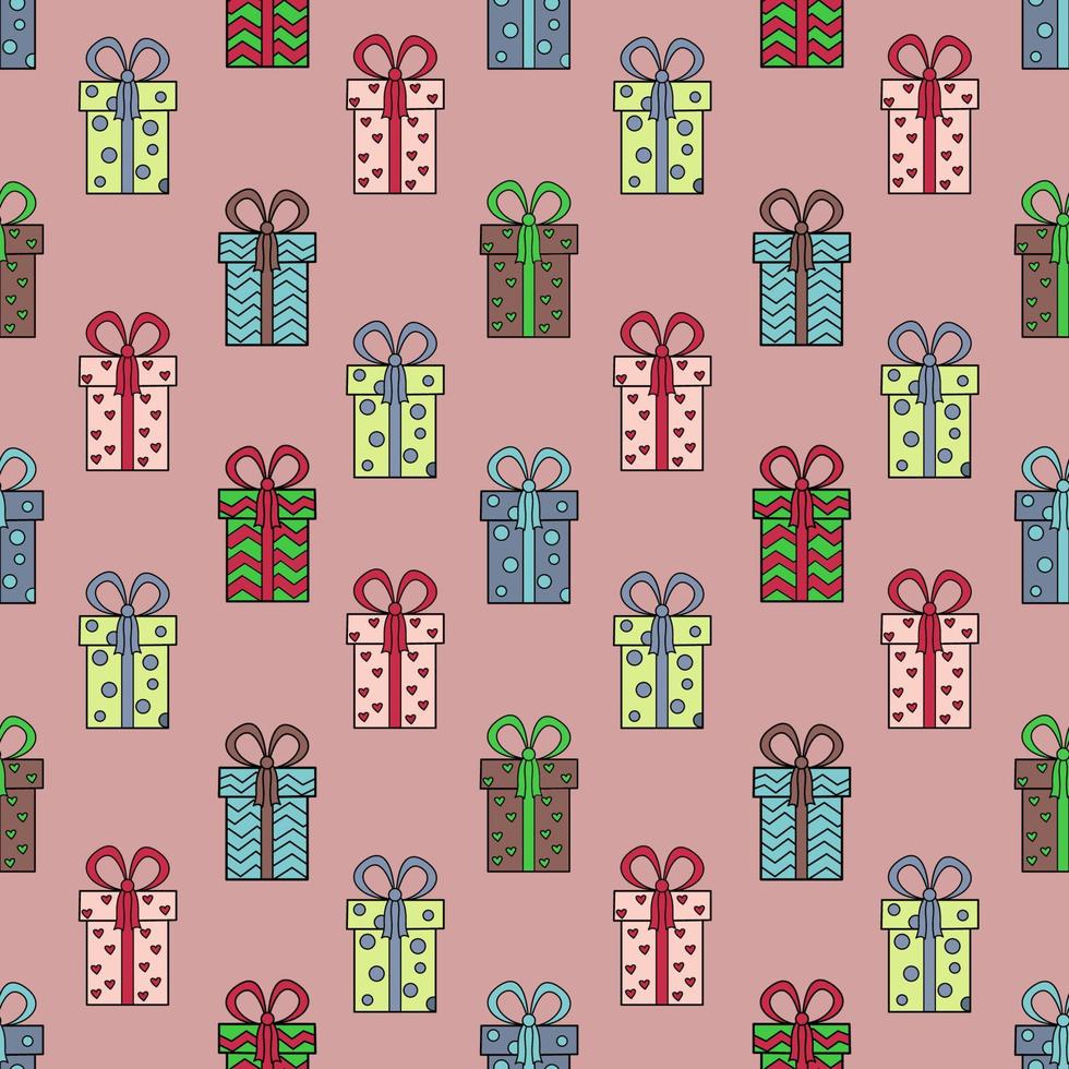 Seamless pattern with painted gifts.The theme is Valentine's Day, wedding, birthday, Christmas.For websites and interfaces, mobile applications, icons, postcards, wrapping paper. Vector pattern.