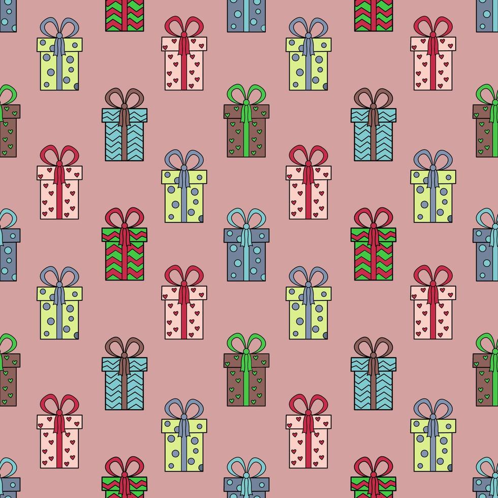 Seamless pattern with painted gifts.The theme is Valentine's Day, wedding, birthday, Christmas.For websites and interfaces, mobile applications, icons, postcards, wrapping paper. Vector pattern.