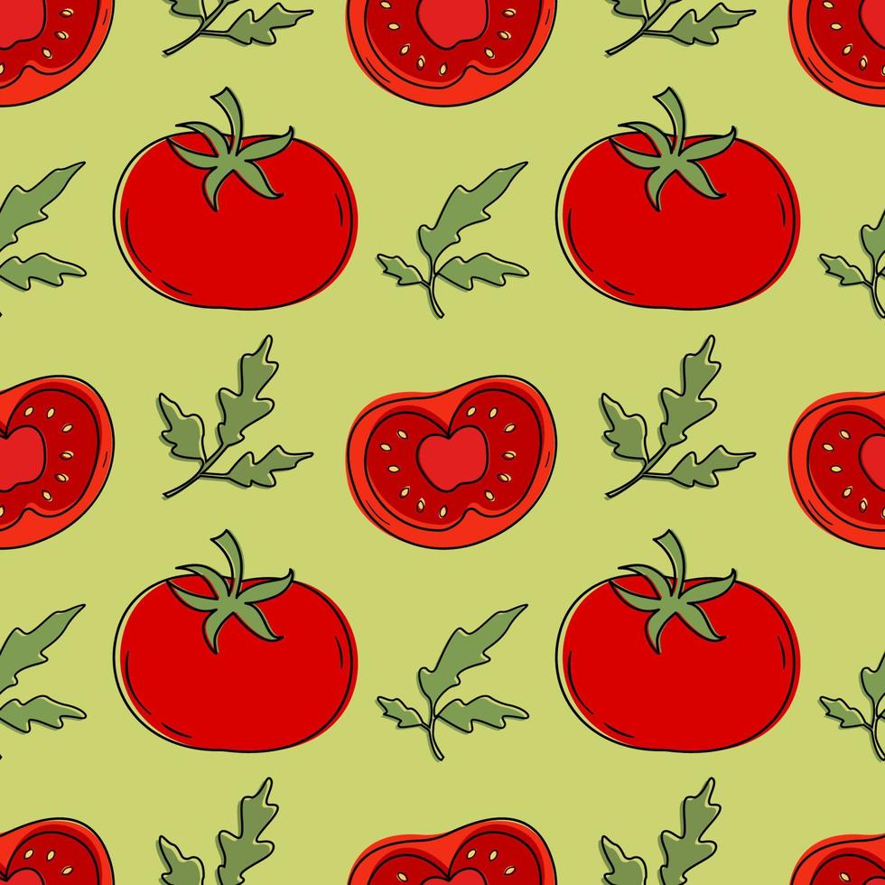 patrón vectorial de un conjunto de tomates. elementos de diseño para menús, anuncios y portadas, libros para niños, ilustraciones de alimentos y alimentos. vector de verduras y follaje. ilustración de comida.