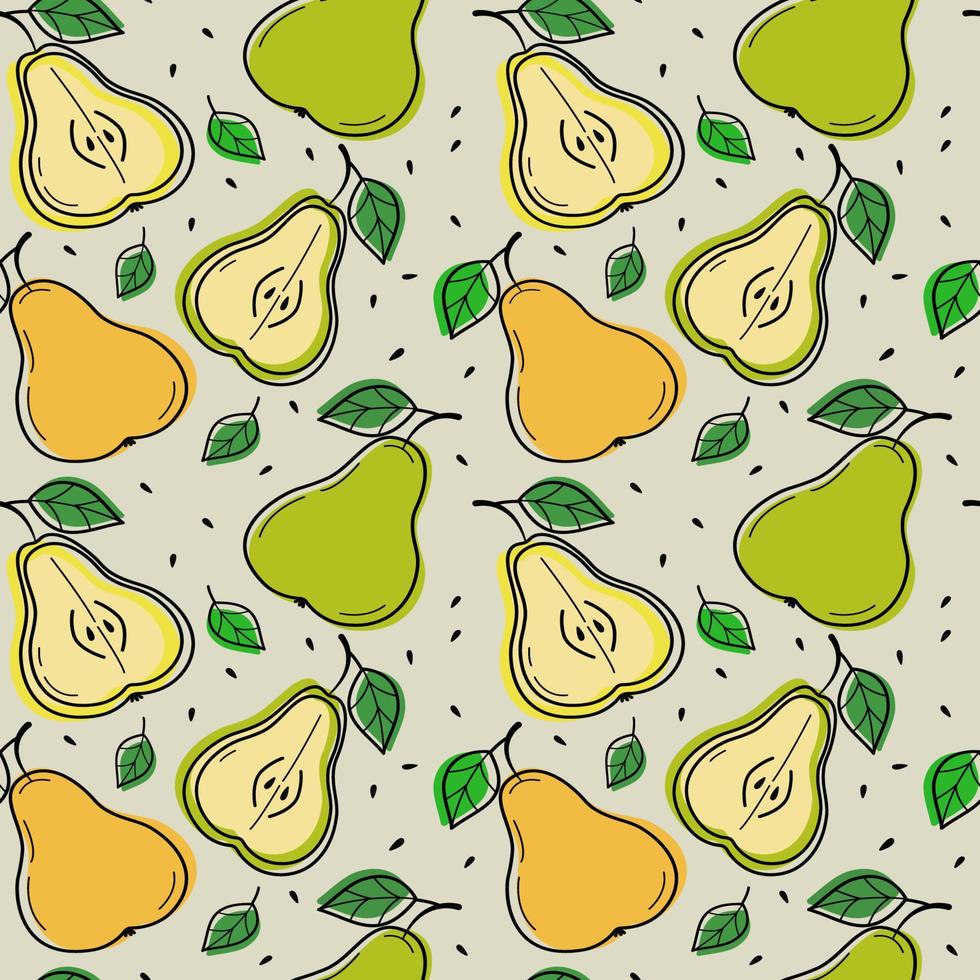 Painted seamless background with pears and leaves, abstract repeating pattern. For paper, cover, fabric, healthy food background, gift wrapping, wall art, interior decor. Food illustration. vector