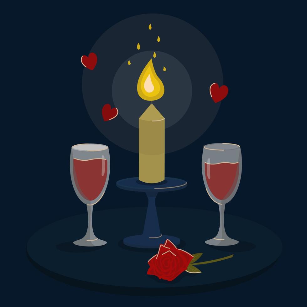 Romantic vector illustration. Glasses of red wine and a candle. Decorative elements of a wedding celebration. Valentine's Day, March 8th.Website or mobile application, advertising, postcards, printing