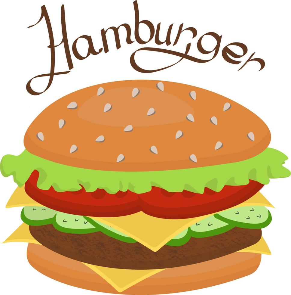 Illustration of a hamburger, fast food, isolated on a white background.Cartoon delicious big burger with cheese and sesame seeds. Vector illustration