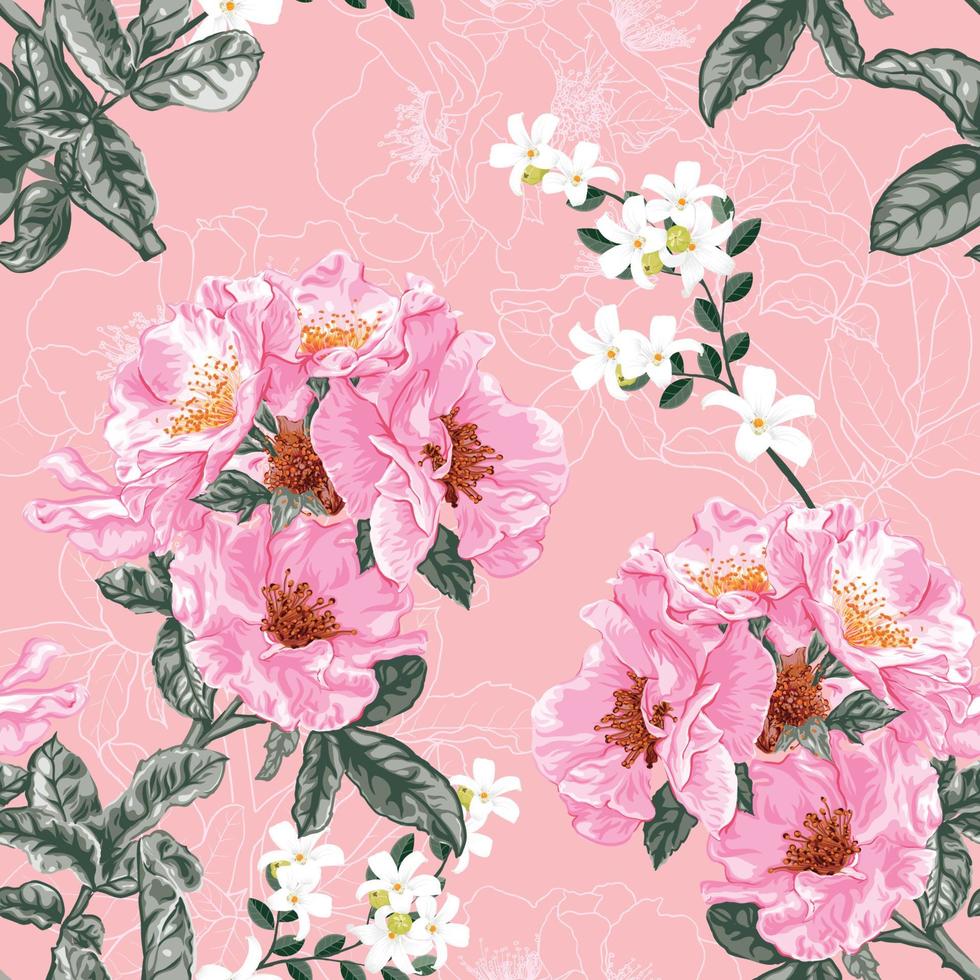 Seamless pattern floral with pink wild rose flowers abstract background.Vector illustration watercolor hand drawning.For fabric pattern print design. vector