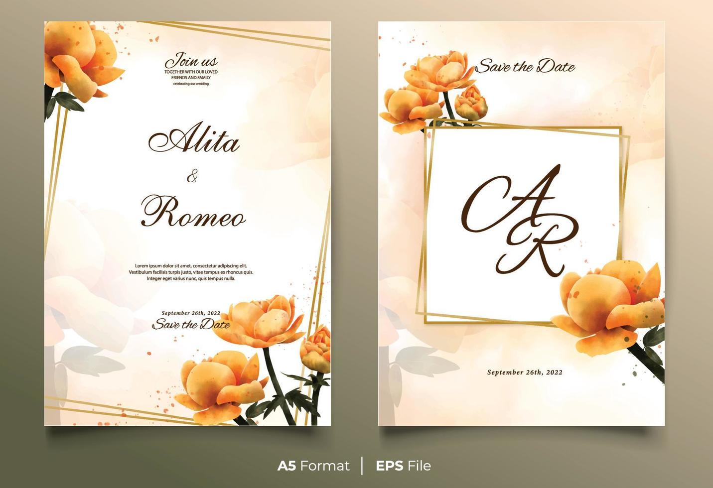 Luxury watercolor wedding invitation with yellow flower vector