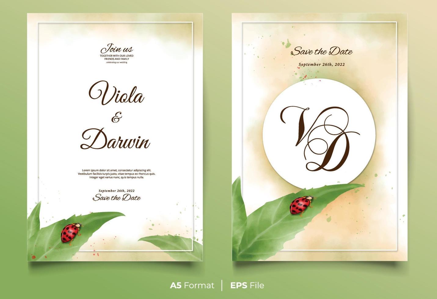 Watercolor wedding invitation with green leaf and ladybug vector
