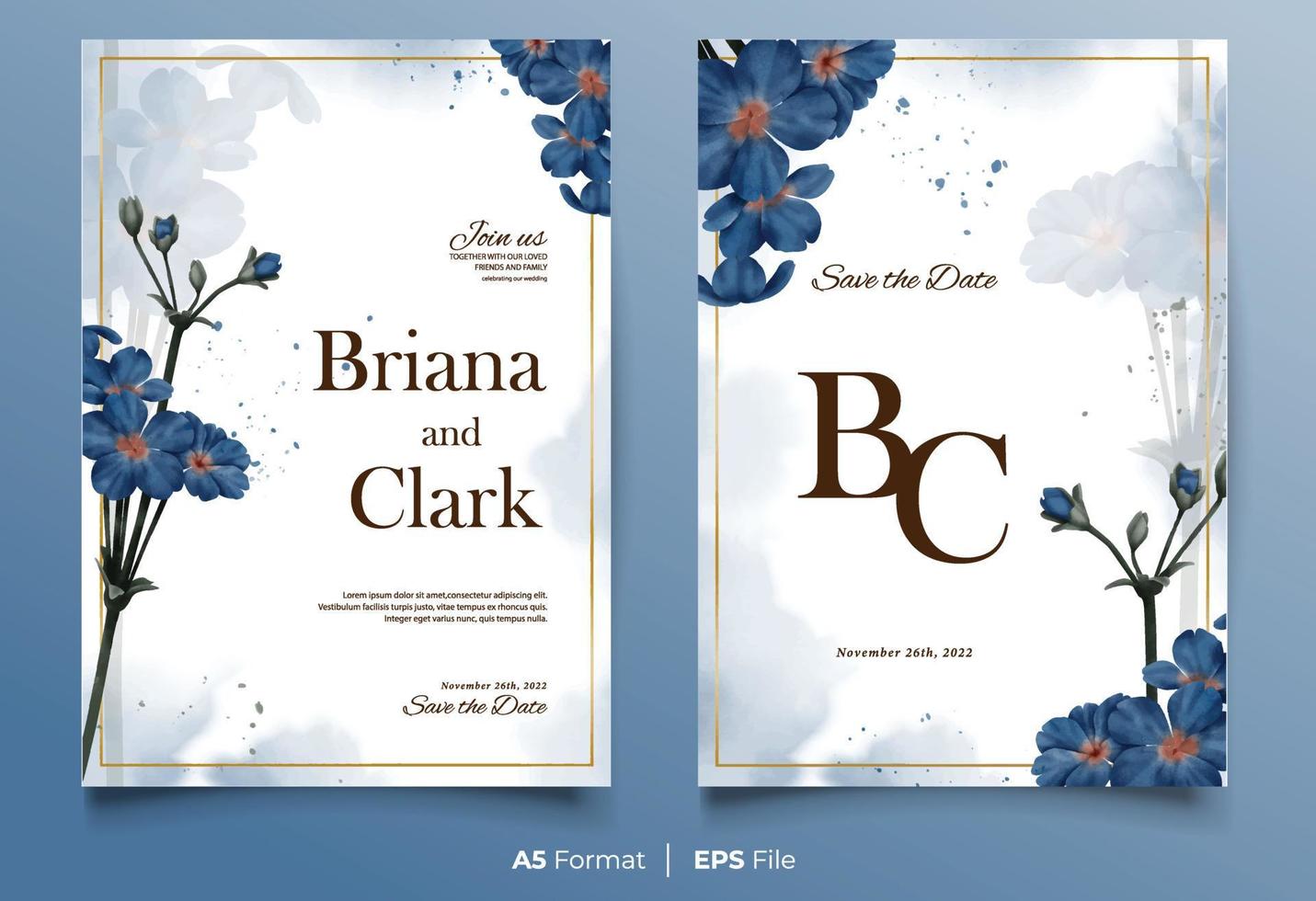 Watercolor wedding invitation with blue flower ornament vector