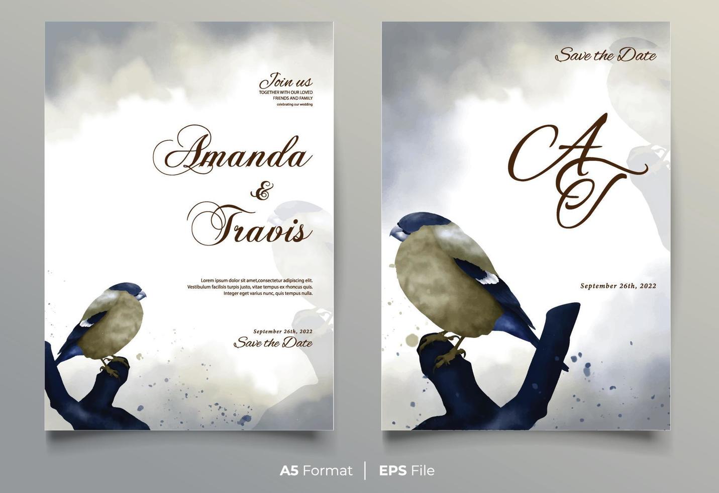 Luxury watercolor wedding invitation with bird vector