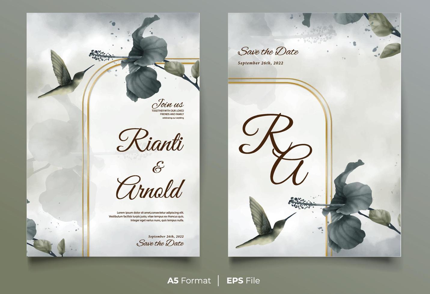 Luxury watercolor wedding invitation with black flower and bird vector