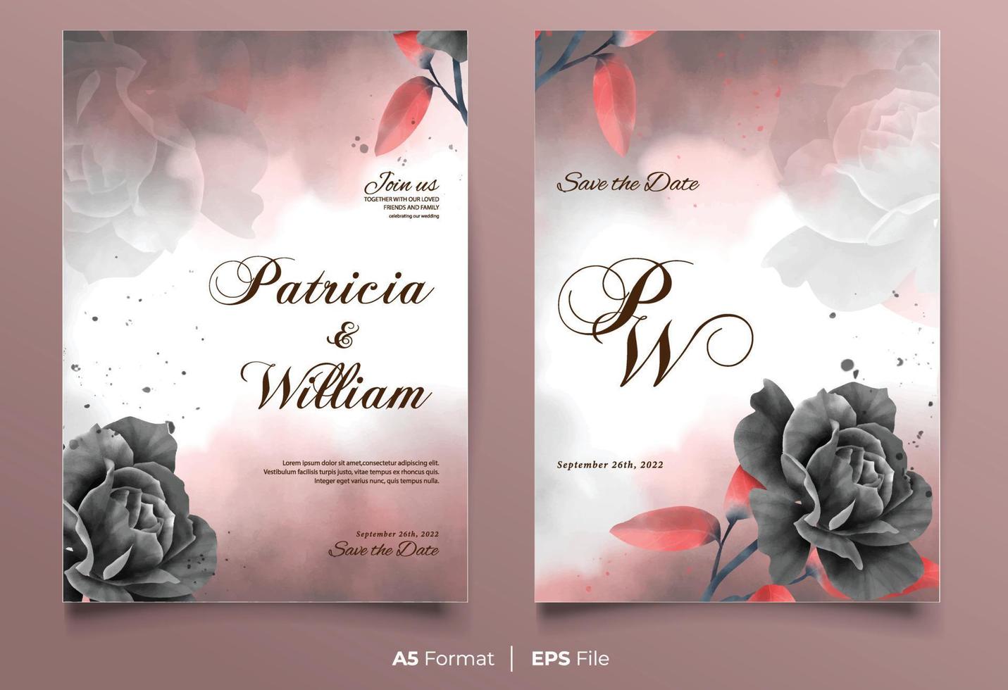 Luxury watercolor wedding invitation with black rose flower vector