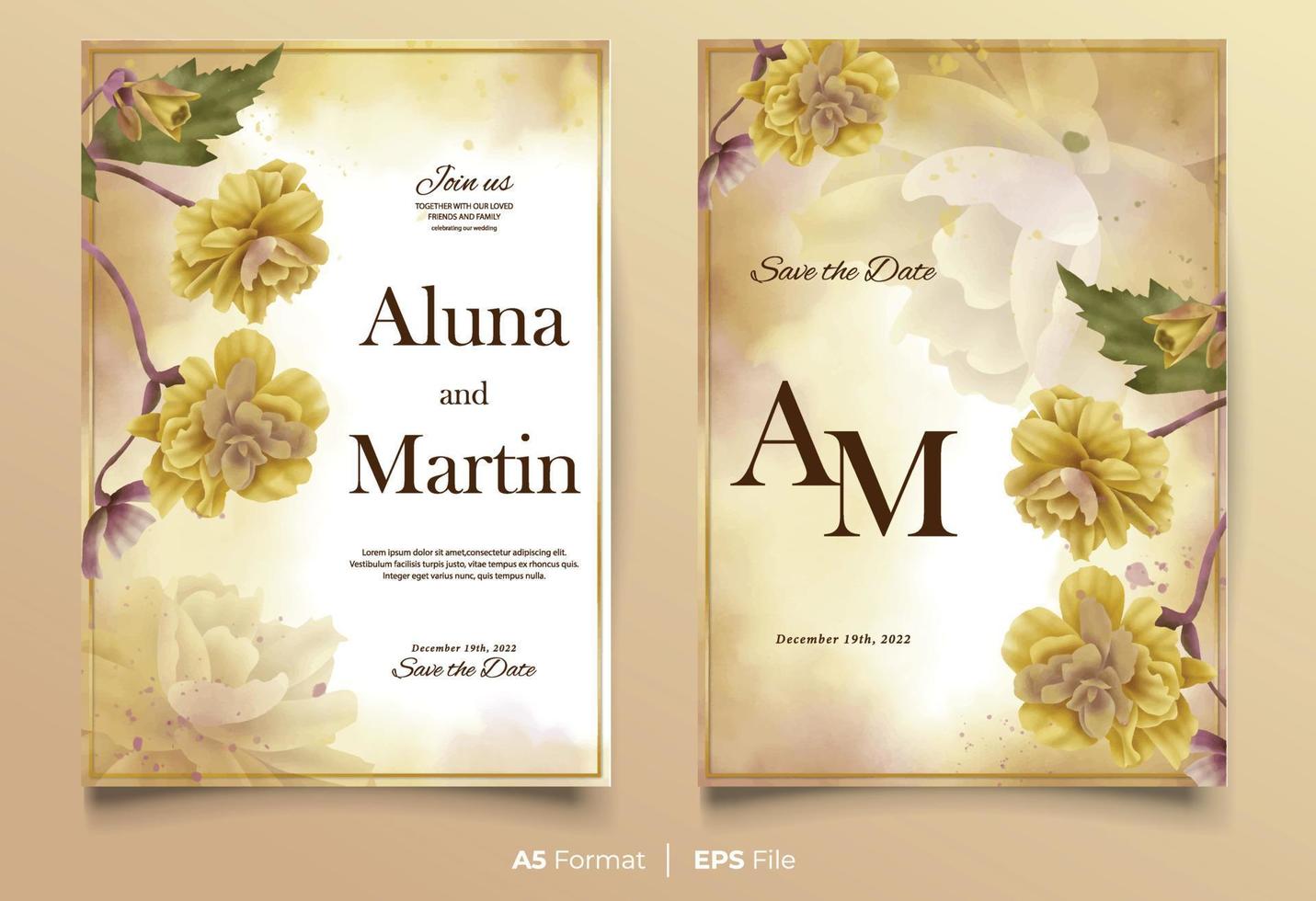 Watercolor wedding invitation template with yellow flower ornament vector