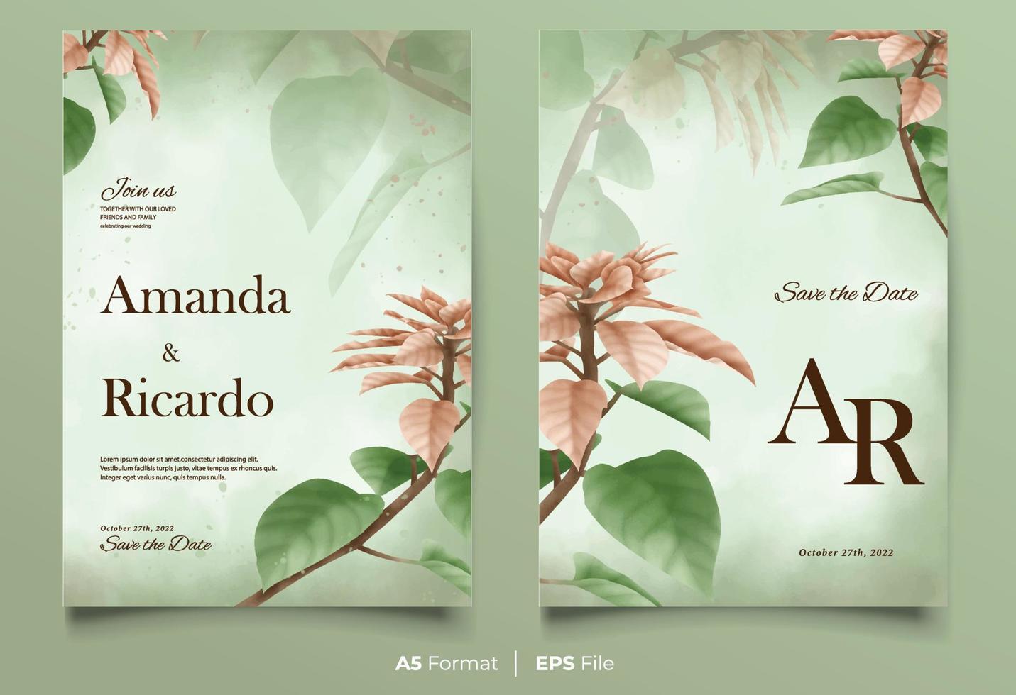 Watercolor wedding invitation with brown and green leaf ornament vector