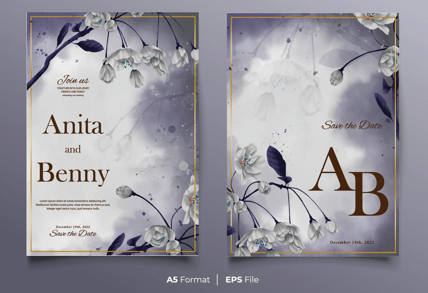 Watercolor wedding invitation template with white flower ornament vector