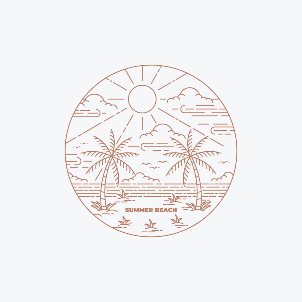 verano en playa tropical con ilustración de vector de diseño de estilo de arte lineal, placa de inspiración de diseño de estilo monoline de isla tropical