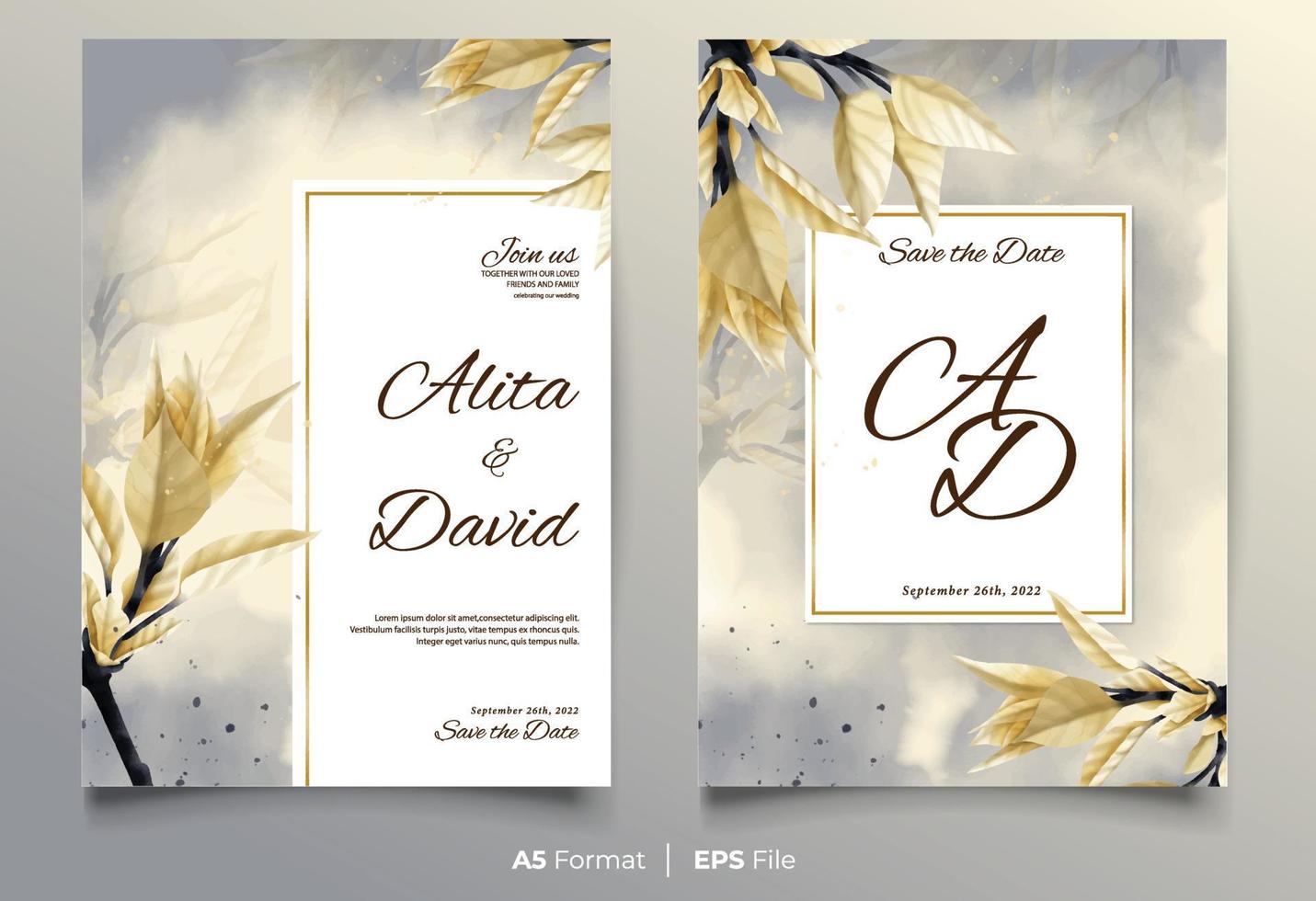 Luxury watercolor wedding invitation with yellow flower vector