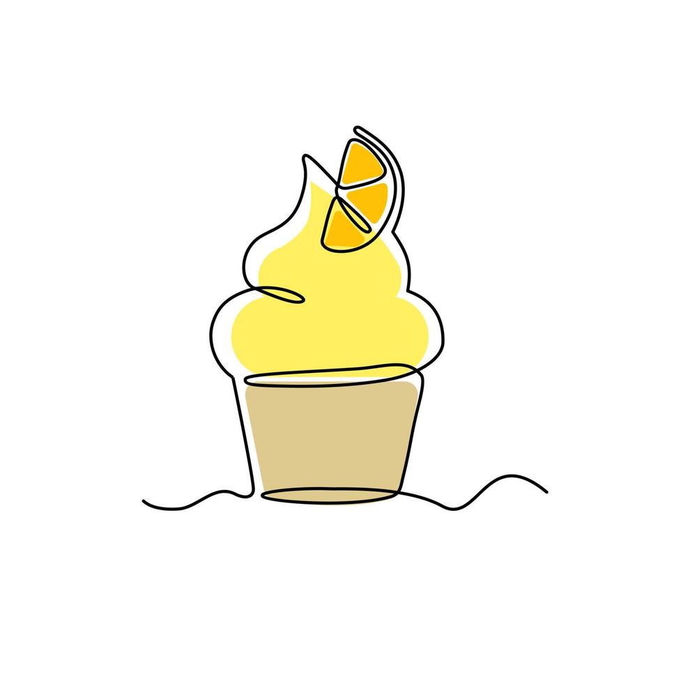 Single line drawing of lemon cupcake, as a template, product label, banner or poster, national cupcake day. vector illustration.