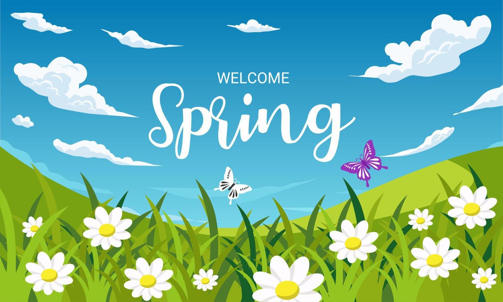 Spring background, landscape with flowers, grass, butterflies and blue sky. vector illustration.