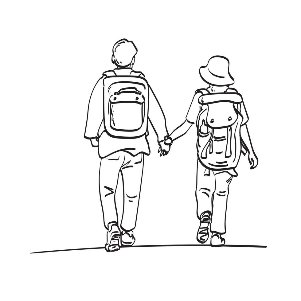 Couple in love enjoying traveling illustration vector hand drawn isolated on white background line art.