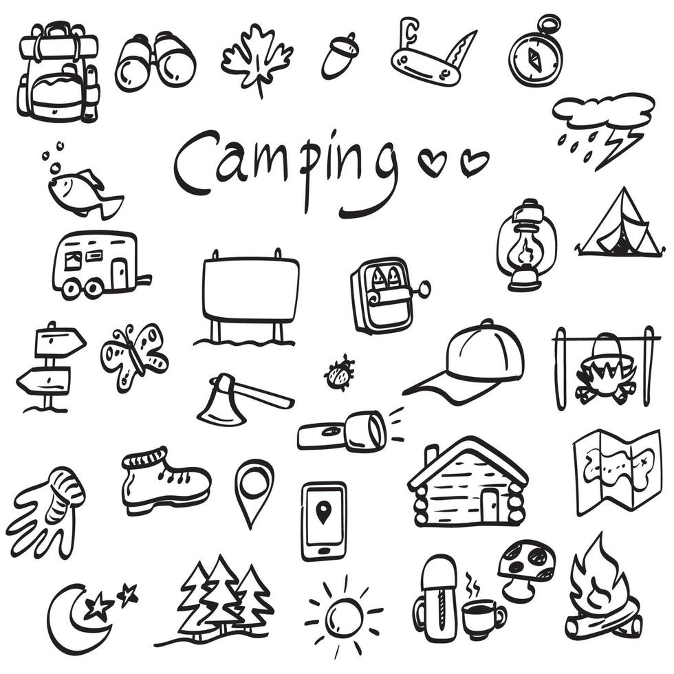 Elementos de camping y senderismo ilustración vector dibujado a mano aislado en el arte de línea de fondo blanco.