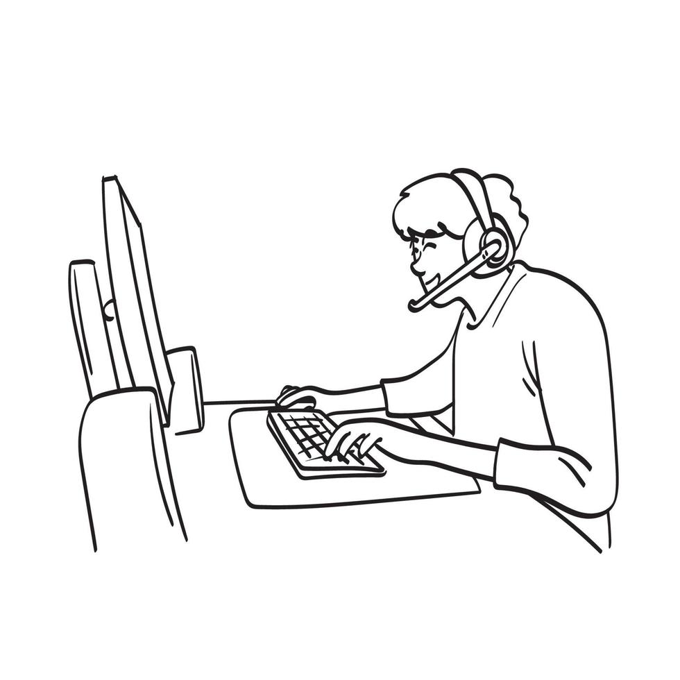 A young man with headset looking at monitor computer. Continuous one line  drawing of a gamer playing games with computer monitor, headphone, mouse,  and keyboard. Sparring game online concept 2099816 Vector Art