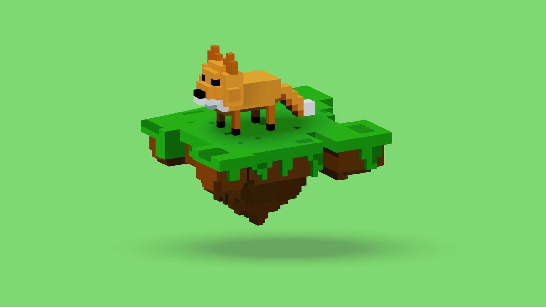 Vector graphic of 3D rendering fox animal on floating island with voxel style. Using orange, brown, black, green and white color scheme. Perfect for gaming character references