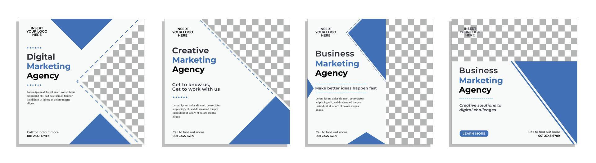 Set of Digital Business Marketing Promotion Social Media Post Template with blue, black and white color scheme. Perfect for business marketing agency promotion vector