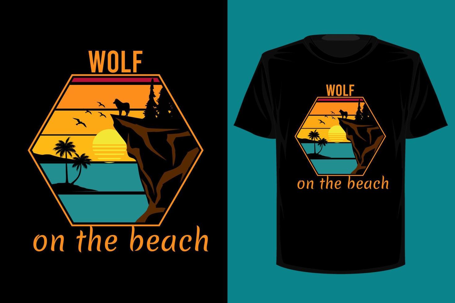 Wolf on the beach retro vintage t shirt design vector