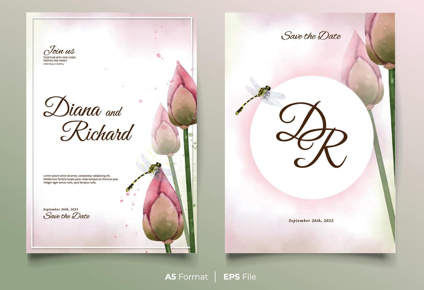 Watercolor wedding invitation with pink flower and dragonfly vector