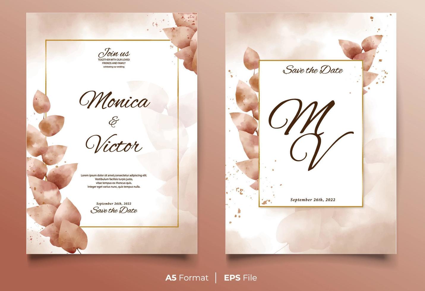 Luxury watercolor wedding invitation with rustic leaf vector