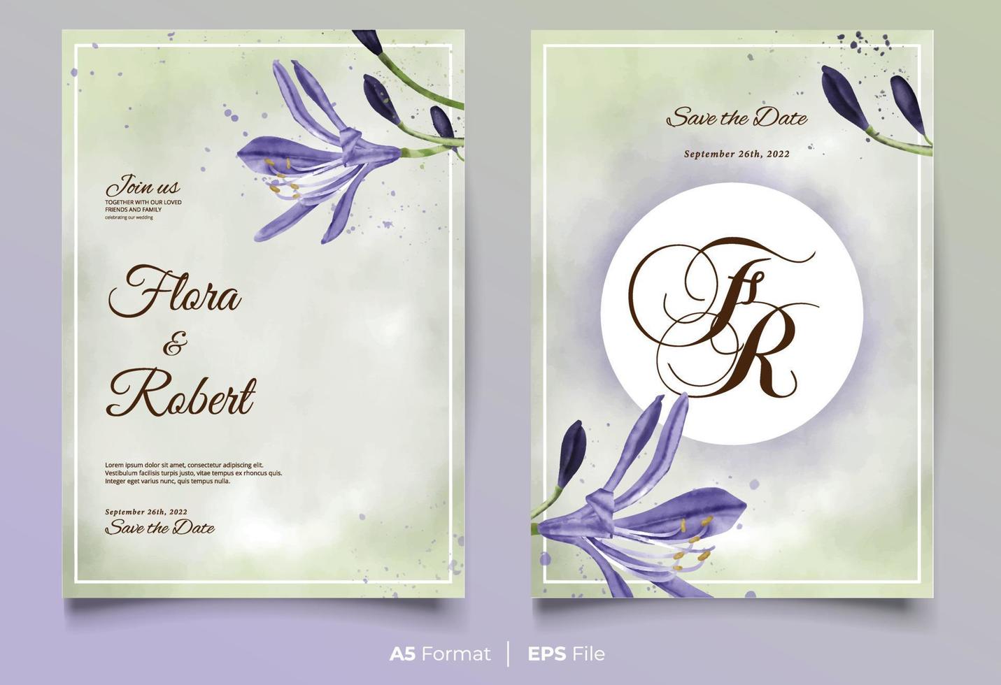 Watercolor wedding invitation with purple flower vector