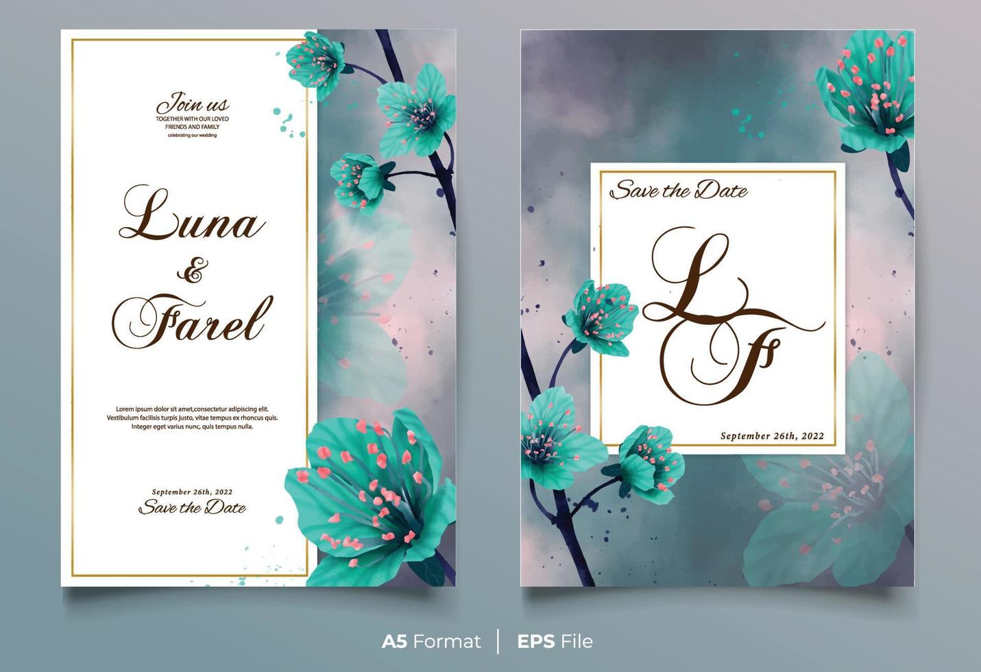 Luxury watercolor wedding invitation with blue flower vector