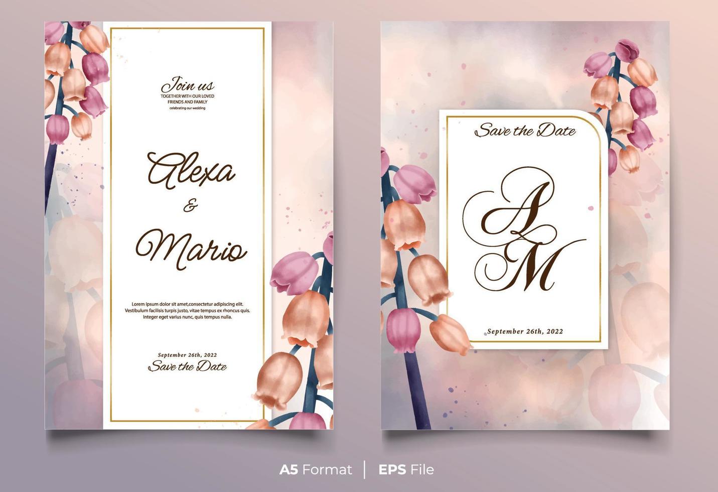 Luxury watercolor wedding invitation with colorful flower vector