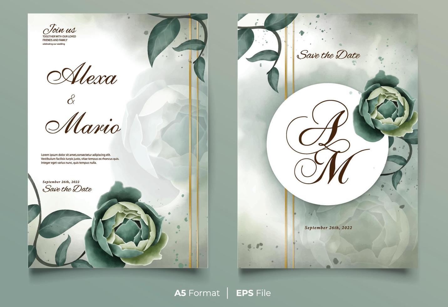 Luxury watercolor wedding invitation with green flower vector