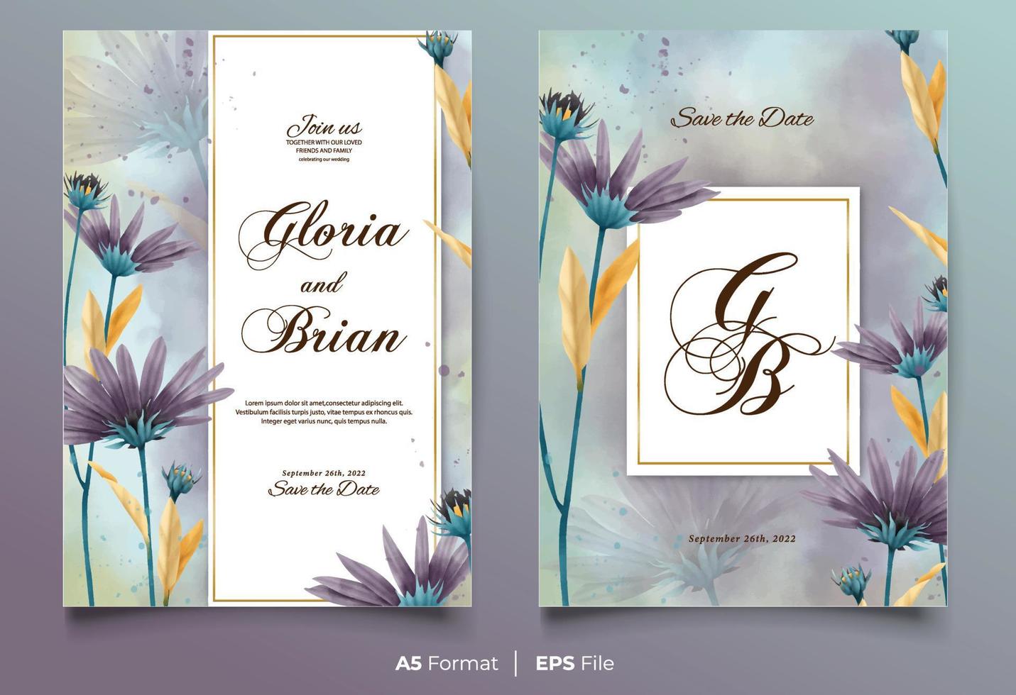 invitación de boda en acuarela con adorno de flores moradas y azules vector
