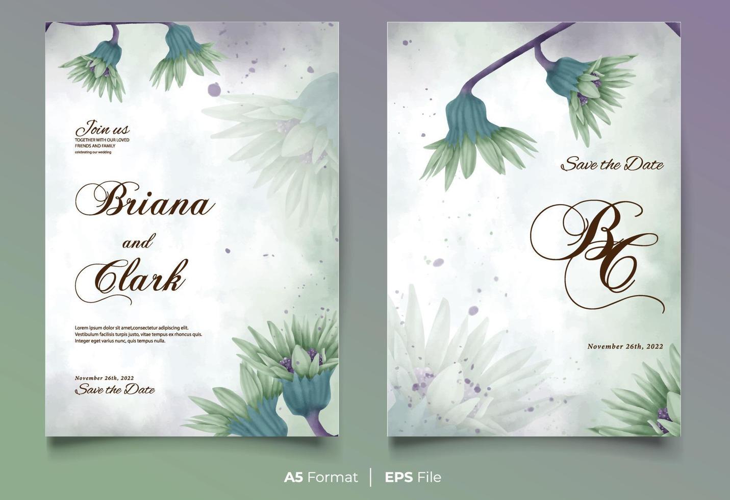 Watercolor wedding invitation with green flower ornament vector