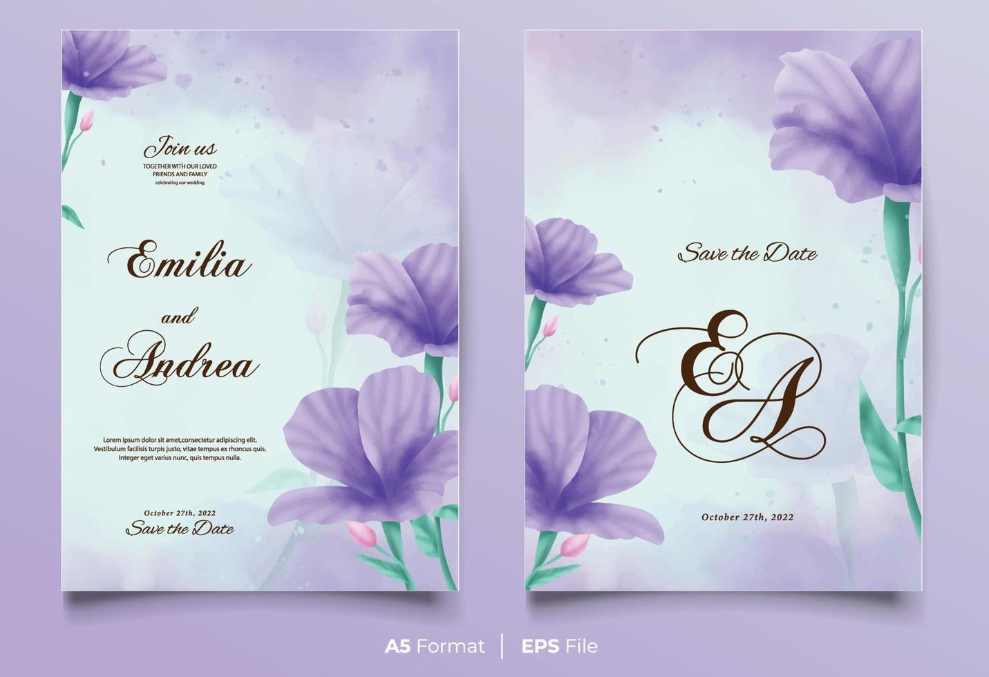 invitación de boda acuarela con adorno de flor morada vector