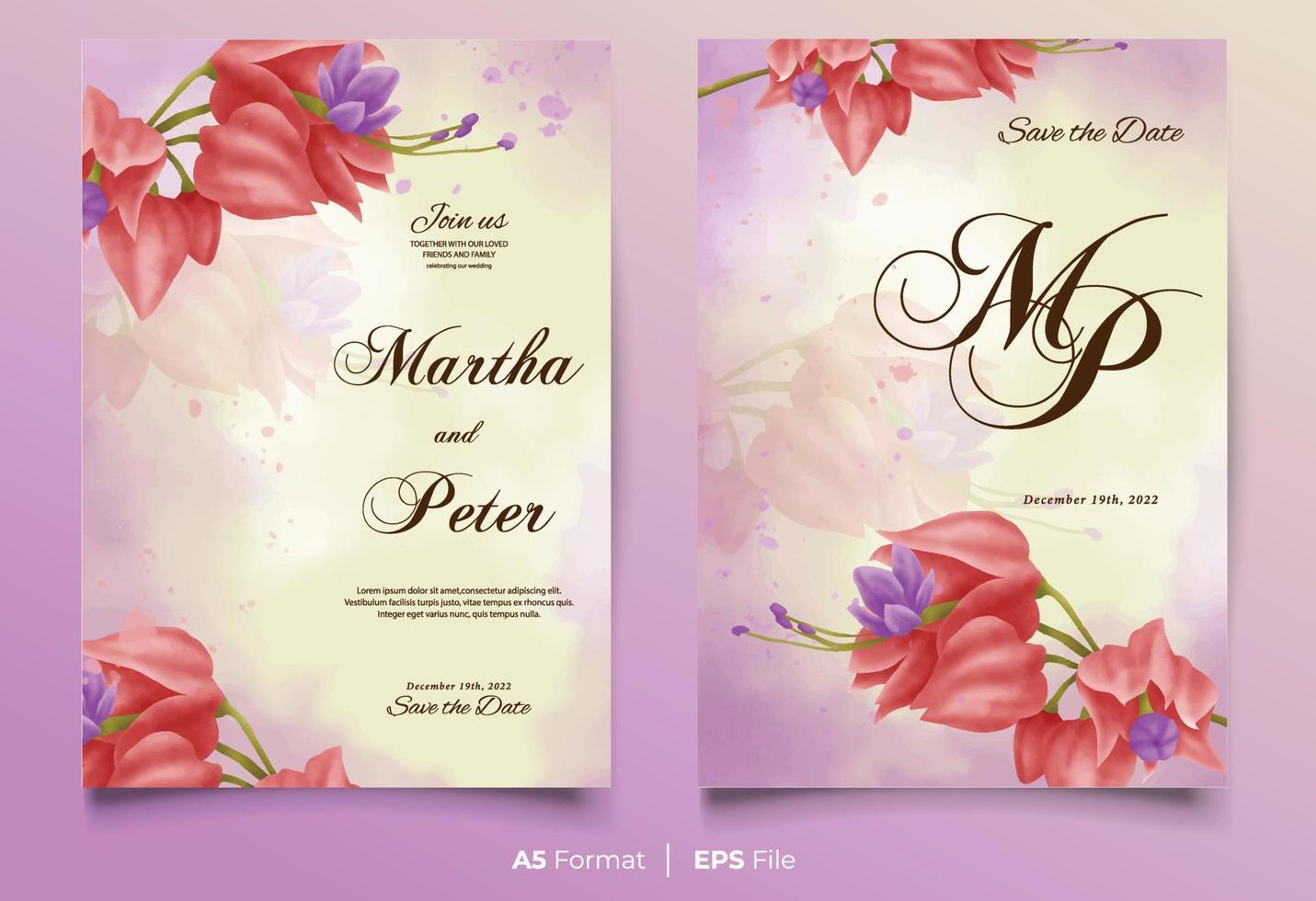 Watercolor wedding invitation template with pink flower ornament vector