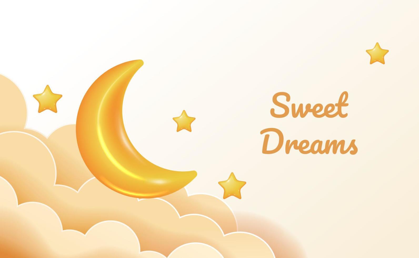 Sweet dream lullaby 3d yellow moon and star with cloud. good night baby shower illustration concept. vector