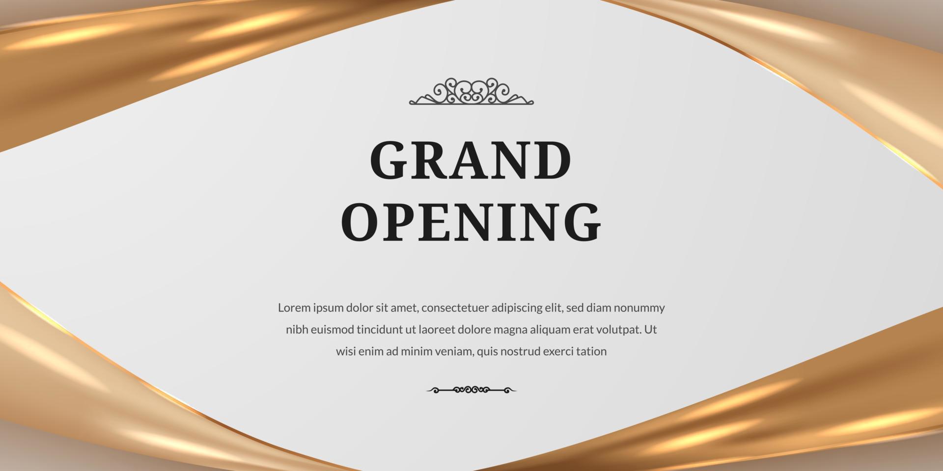 Elegant luxury grand opening poster banner with golden glossy satin silk ribbon template vector