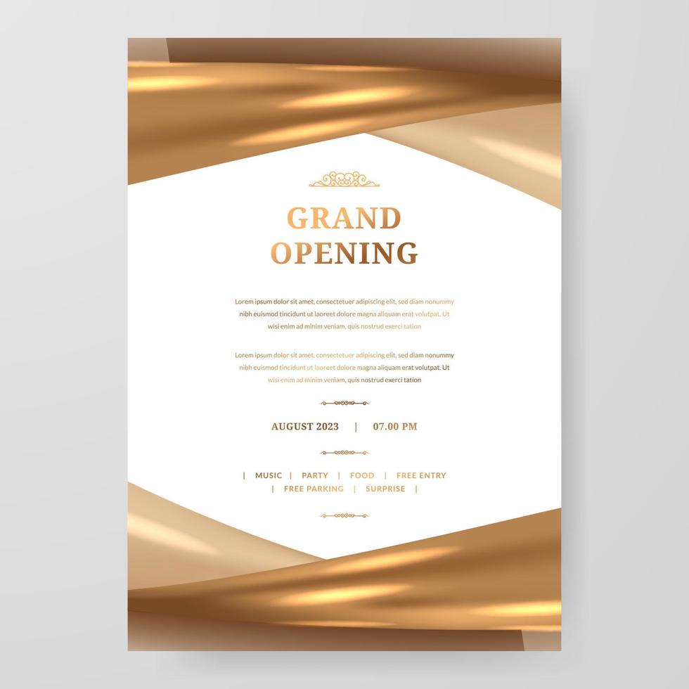 Grand opening party poster invitation. Elegant luxury with golden swirl satin silk shiny glossy texture. vector