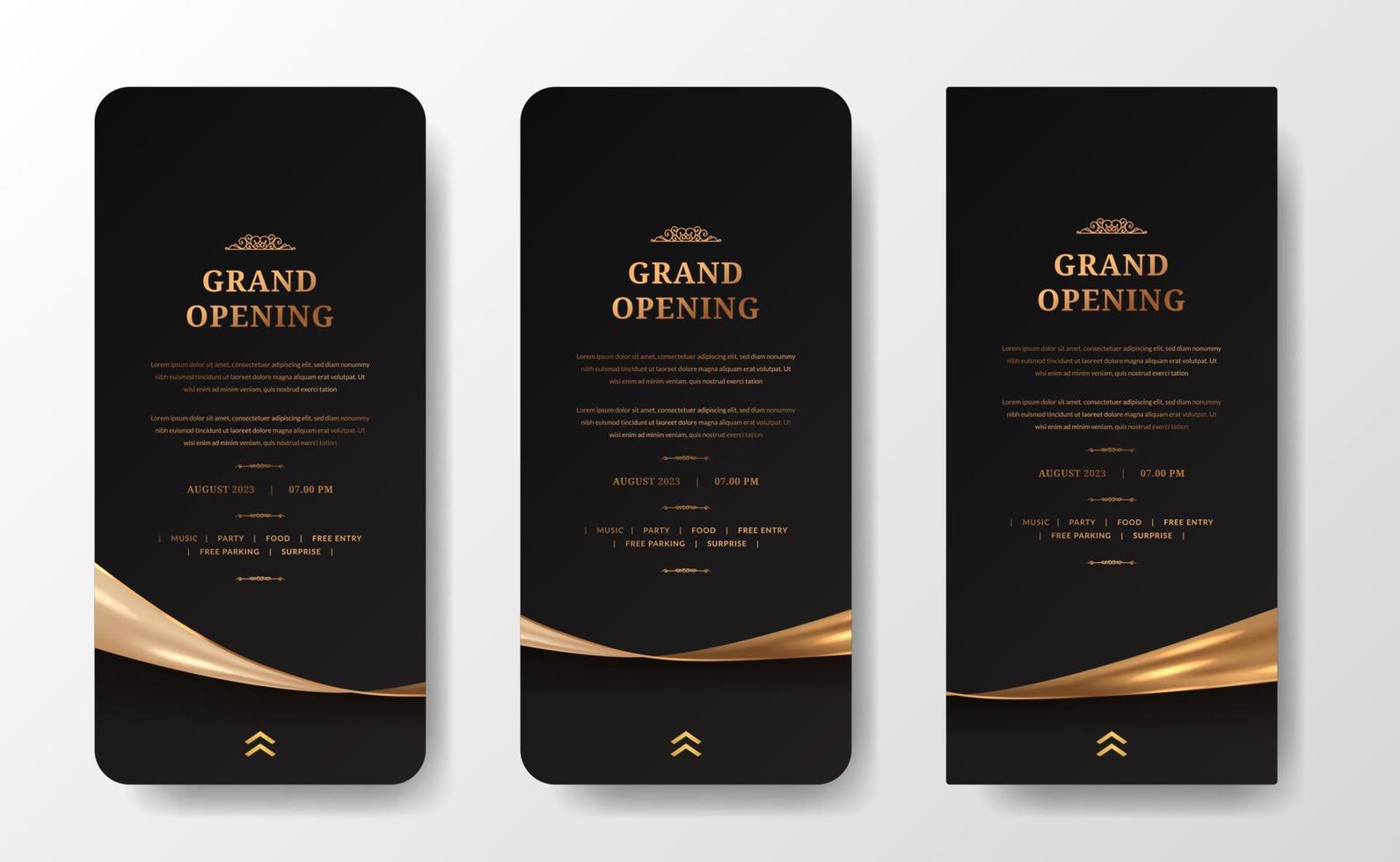 social media stories for grand opening layout announcement with shiny glossy golden satin silk decoration with black background vector