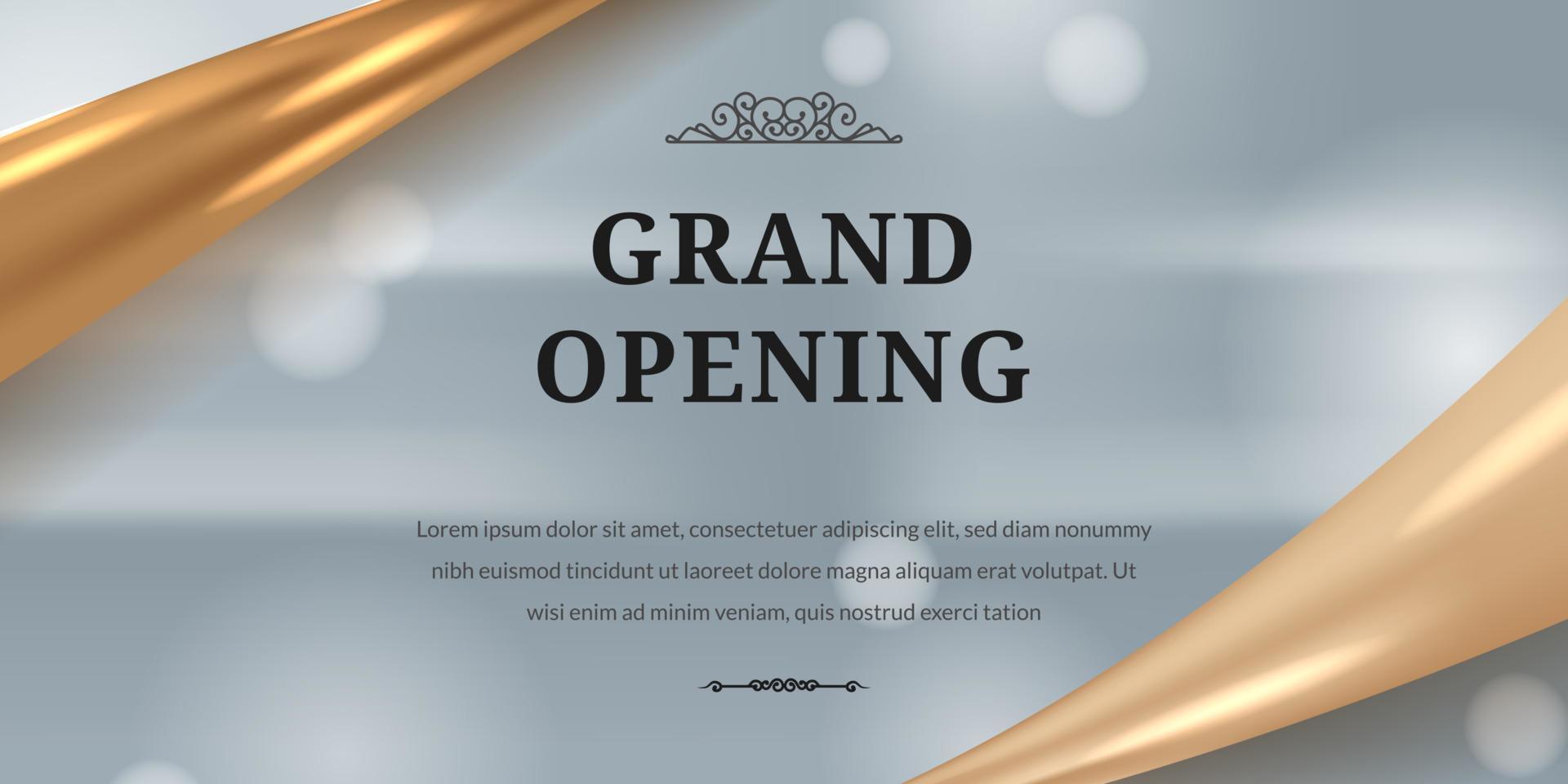 Elegant luxury grand opening poster banner with golden glossy satin silk ribbon with silver background template vector