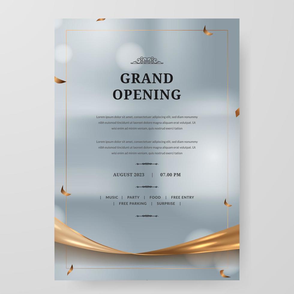 Grand opening party poster invitation. Elegant luxury with golden satin and confetti with silver background vector