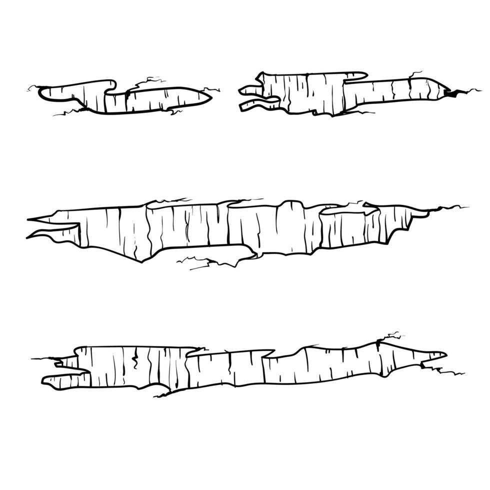 grietas en el suelo dibujadas a mano. fisura sísmica, efecto agujero y superficie fisurada. estilo de dibujo de dibujos animados de ilustración de efectos de suelo envejecido o seco vector