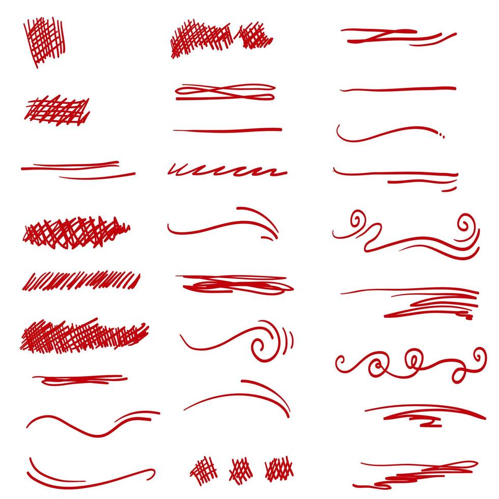 trazos de pincel de esbozo de fideos, subrayado, énfasis, líneas, elementos de diseño de conjuntos de ondas aislados en fondo blanco vector