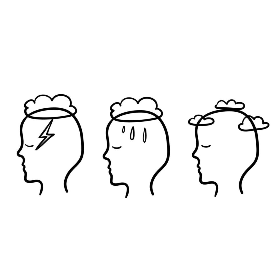 Head profile with storm cloud rain and clear sky. Mindfulness and stress management in psychology with handdrawn doodle style vector