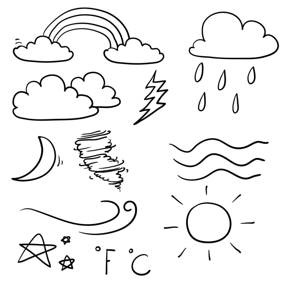 ilustración meteorológica dibujada a mano con conjunto de vectores de garabatos aislado